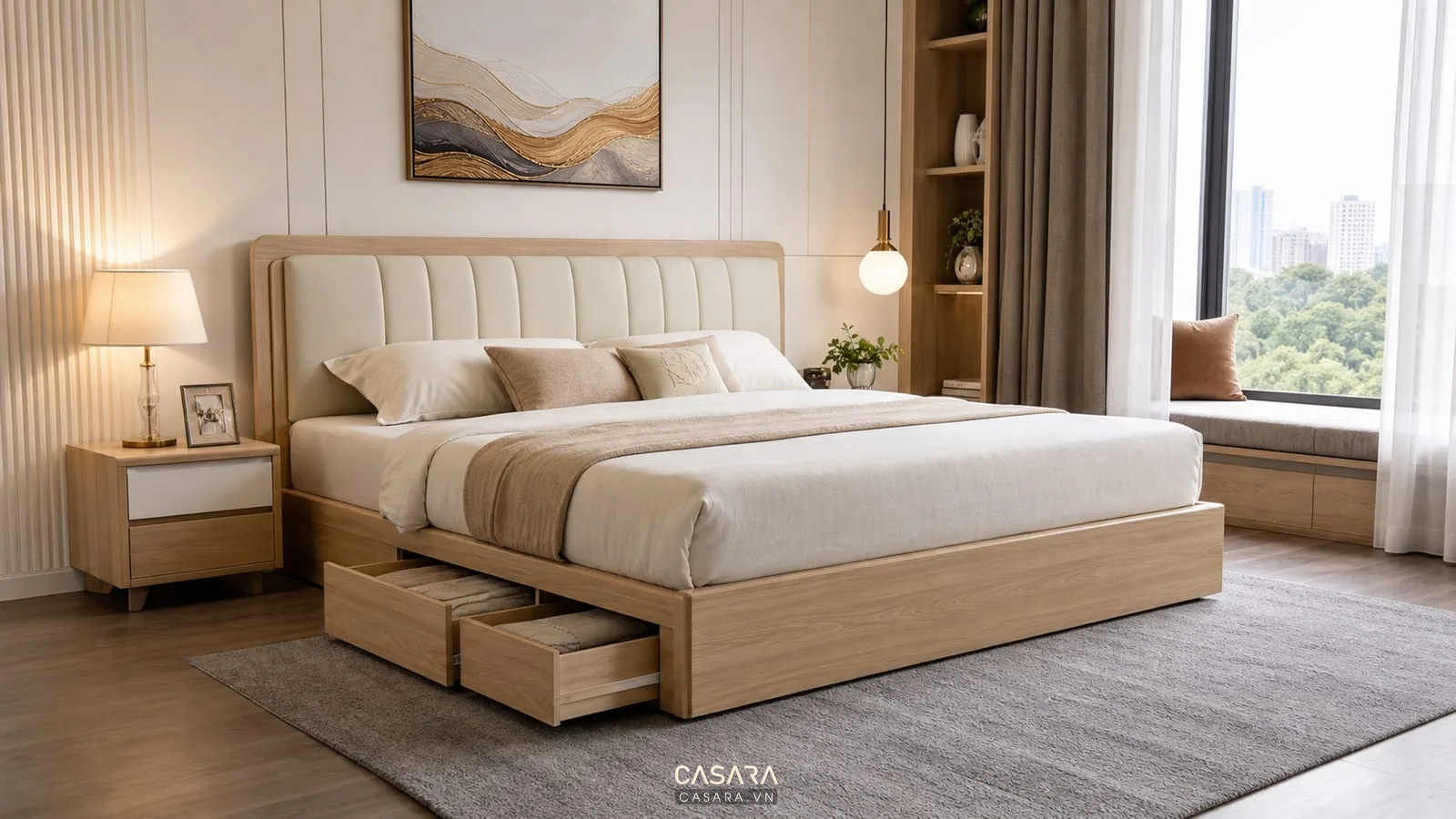 Giường thông minh gỗ sáng màu với đầu giường bọc nệm