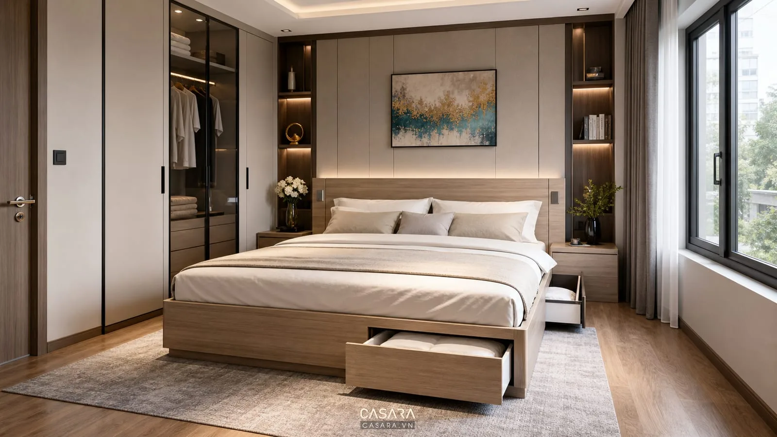 Giường thông minh 1m8x2m trong phòng ngủ master có lối đi hai bên và tủ áo âm tường