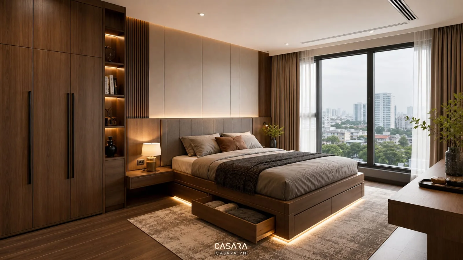Giường thông minh Hà Nội thiết kế theo không gian với tủ áo kịch trần và đầu giường liền vách