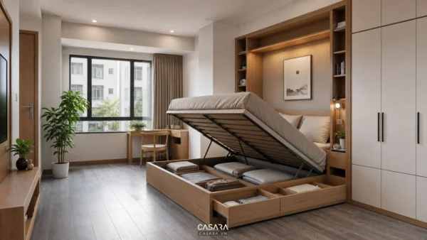 giường thông minh tiết kiệm diện tích trong phòng ngủ nhỏ có ngăn chứa và tủ áo sát tường