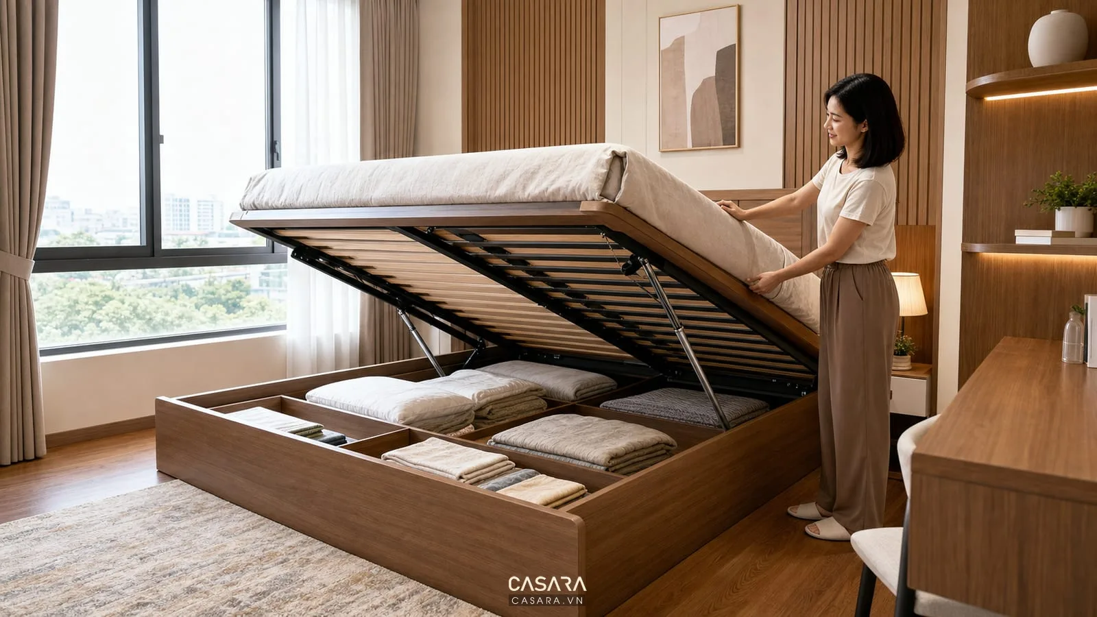 giường thông minh tự động mở khoang chứa bằng cơ cấu nâng hạ trong phòng ngủ nhỏ