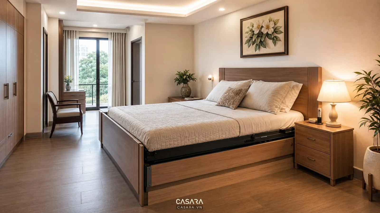 giường thông minh cho người già có chiều cao vừa phải và lối đi thoáng trong phòng ngủ