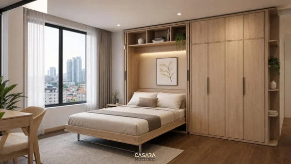 Giường thông minh tphcm trong phòng ngủ căn hộ hiện đại có tủ áo liền khối