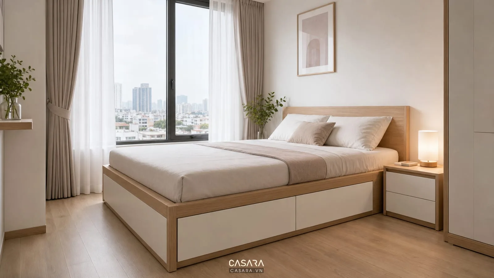 Mẫu giường thông minh đẹp phong cách tối giản có hộc kéo kín màu gỗ sáng