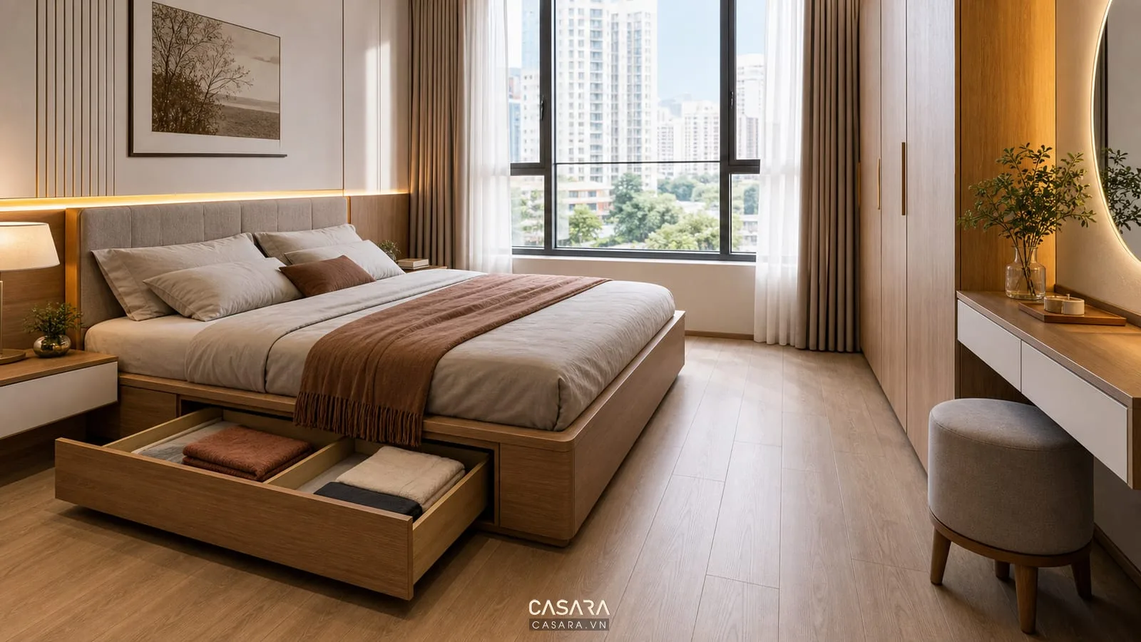 Giường thông minh tphcm có hộc kéo dưới giường trong phòng ngủ nhỏ