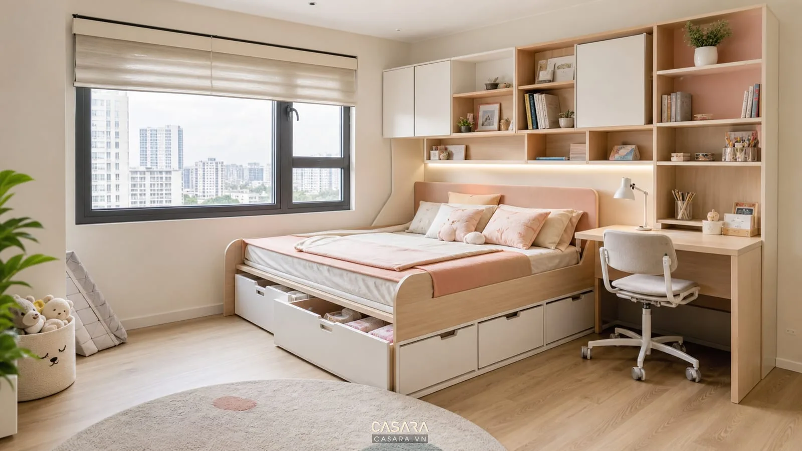 Giường thông minh có bàn học liền khối và hộc kéo cho phòng trẻ căn hộ TP.HCM