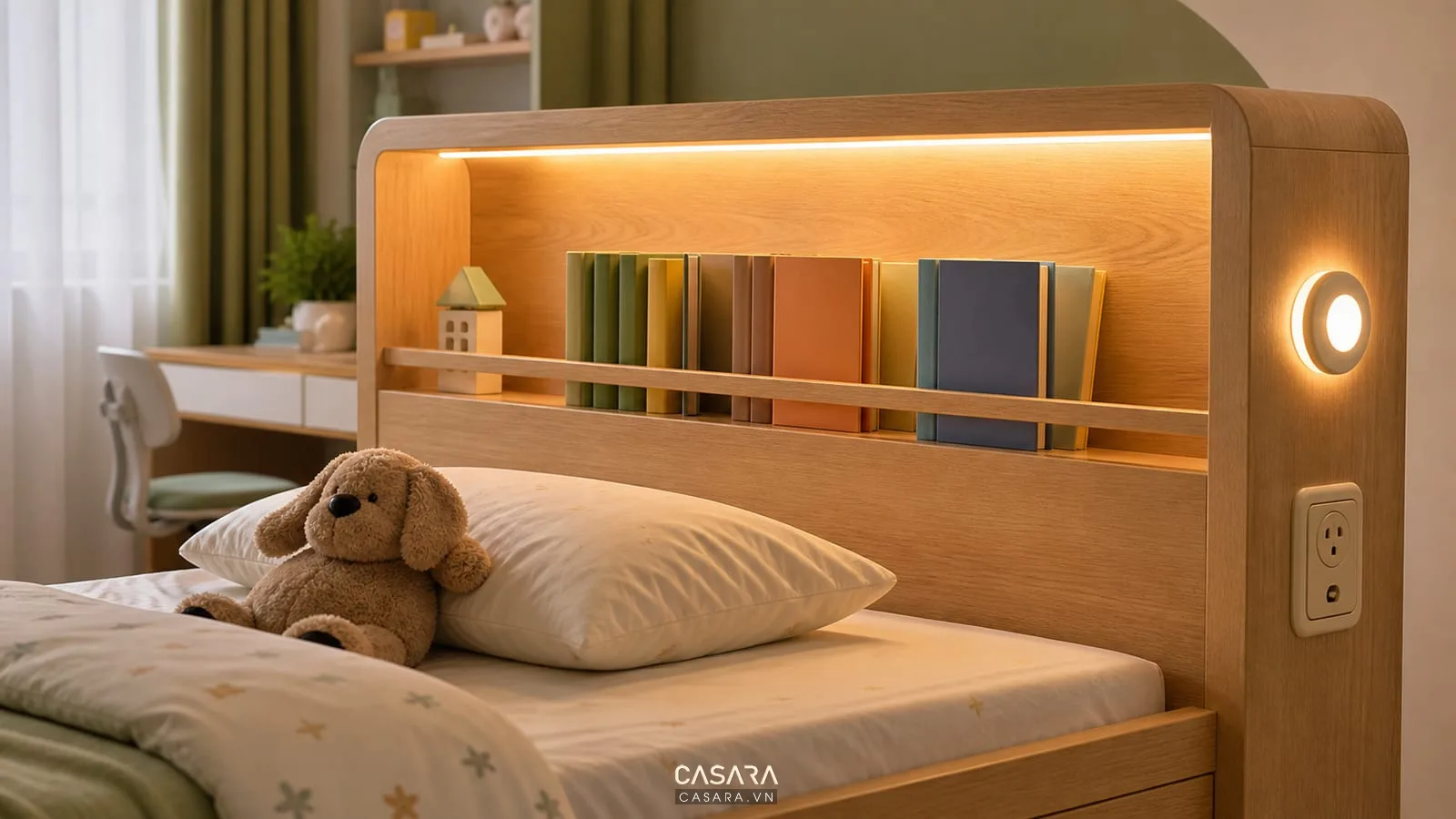 Đầu giường thông minh trẻ em có đèn đọc sách và kệ nhỏ