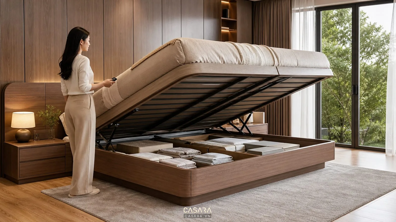 giường thông minh tự động nâng nệm với khoang chứa gọn trong phòng ngủ