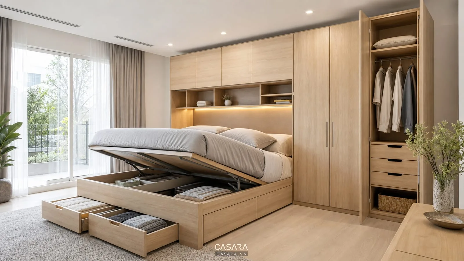 tủ liền giường thông minh có ngăn kéo và khoang chứa dưới nệm