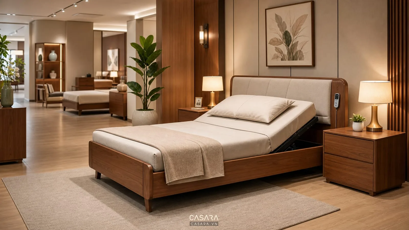 giường thông minh cho người già có lối đi thoáng đèn dịu và điều khiển dễ dùng