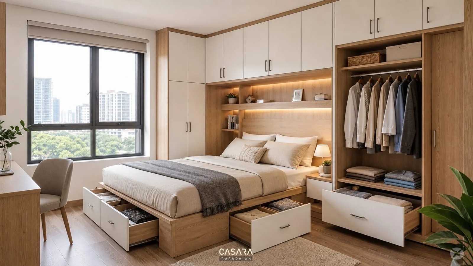 tủ liền giường thông minh có khoang treo và ngăn kéo dưới giường
