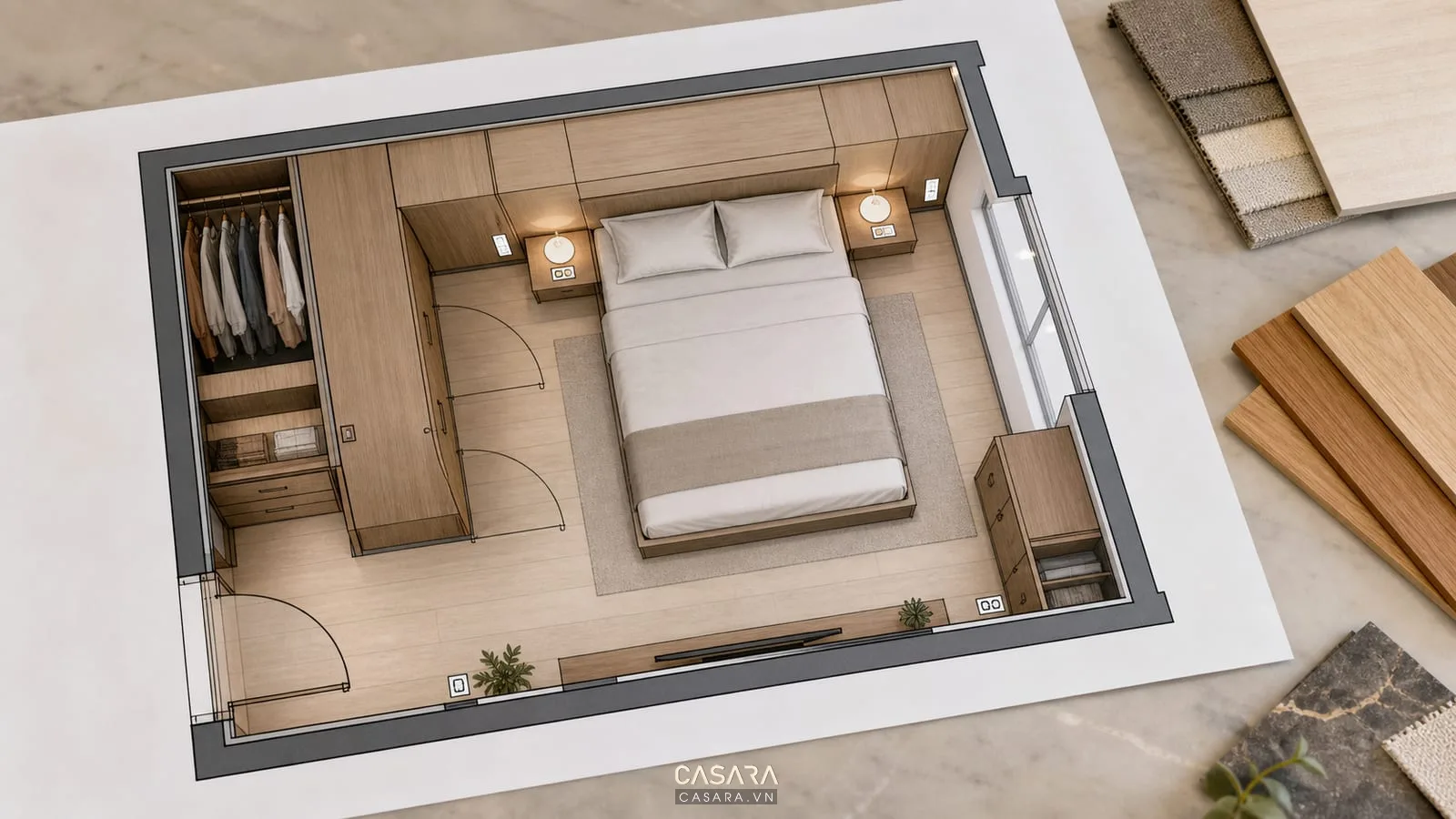 bản vẽ bố trí giường tủ quần áo thông minh với tủ áo và ổ cắm