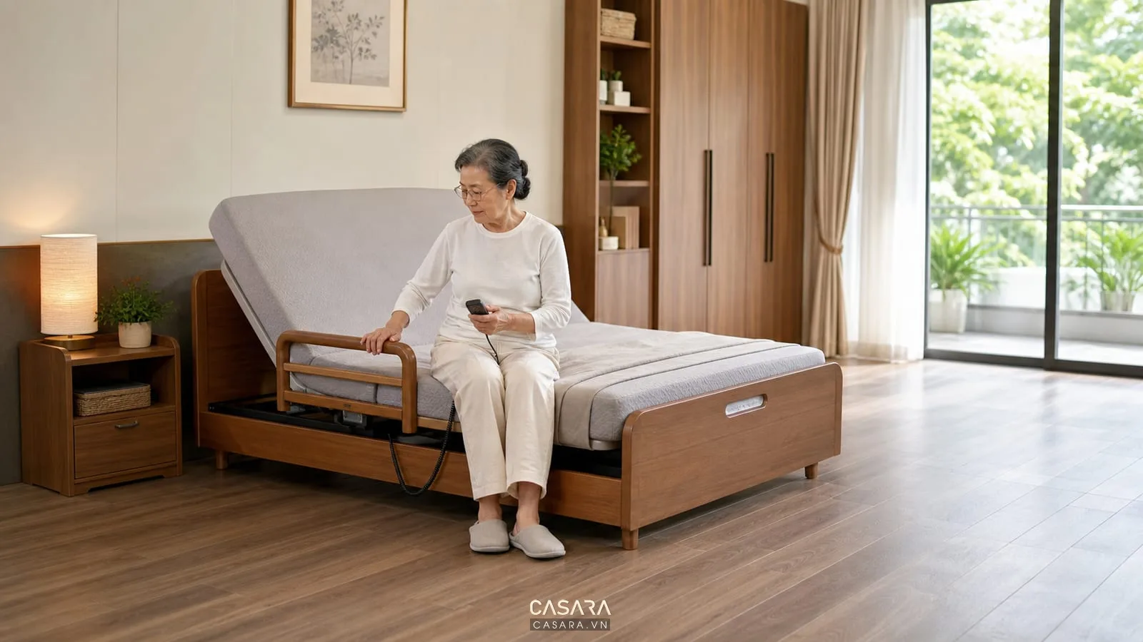 Giường thông minh cho người già với lối đi rộng và kệ đầu giường gọn
