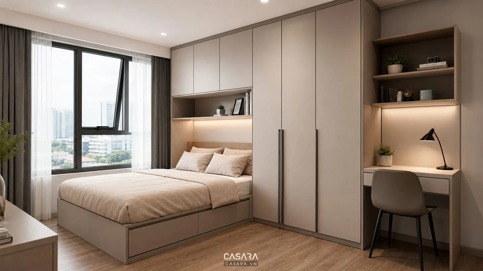 Giường thông minh giá rẻ có bàn nhỏ liền tủ và mặt tủ phẳng trung tính