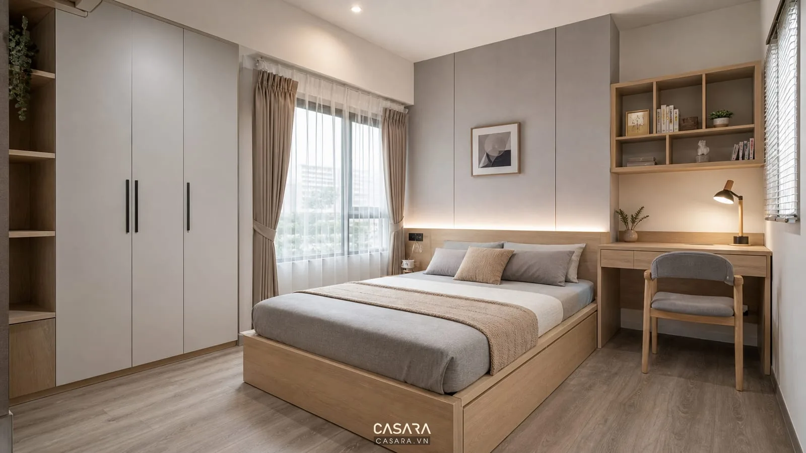 Giường thông minh 1m8 kết hợp bàn làm việc nhỏ và tủ áo cao trong phòng ngủ trung tính