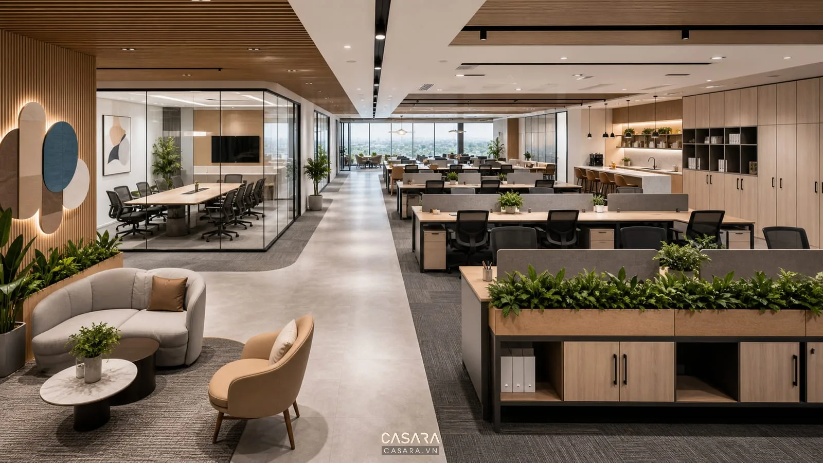 Thiết kế văn phòng 500m2 có trục giao thông cụm làm việc phòng họp pantry tủ lưu trữ và khu tiếp khách