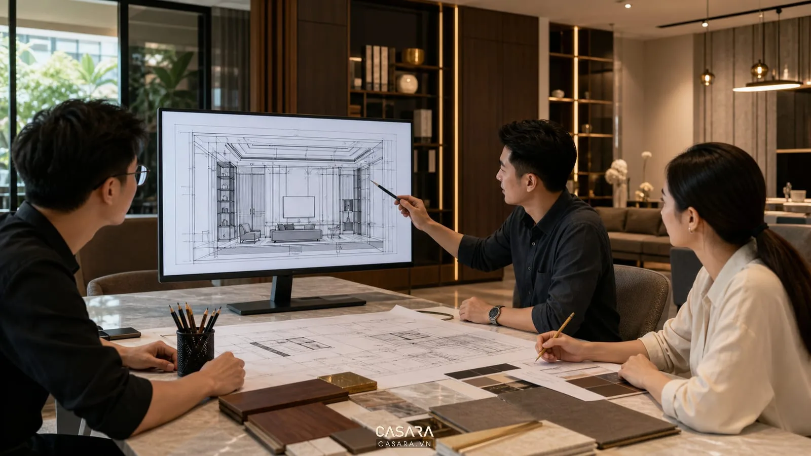 Bản vẽ thi công biệt thự thể hiện chi tiết tường trần và đồ nội thất