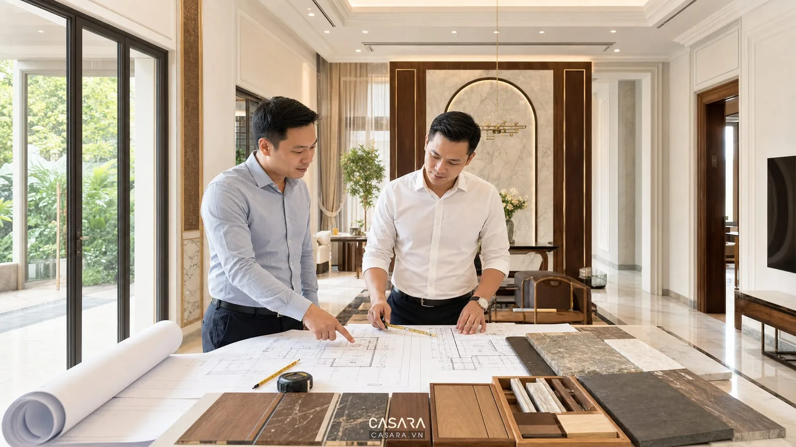 Nhà thầu thi công biệt thự kiểm tra bản vẽ và mẫu vật liệu tại công trường