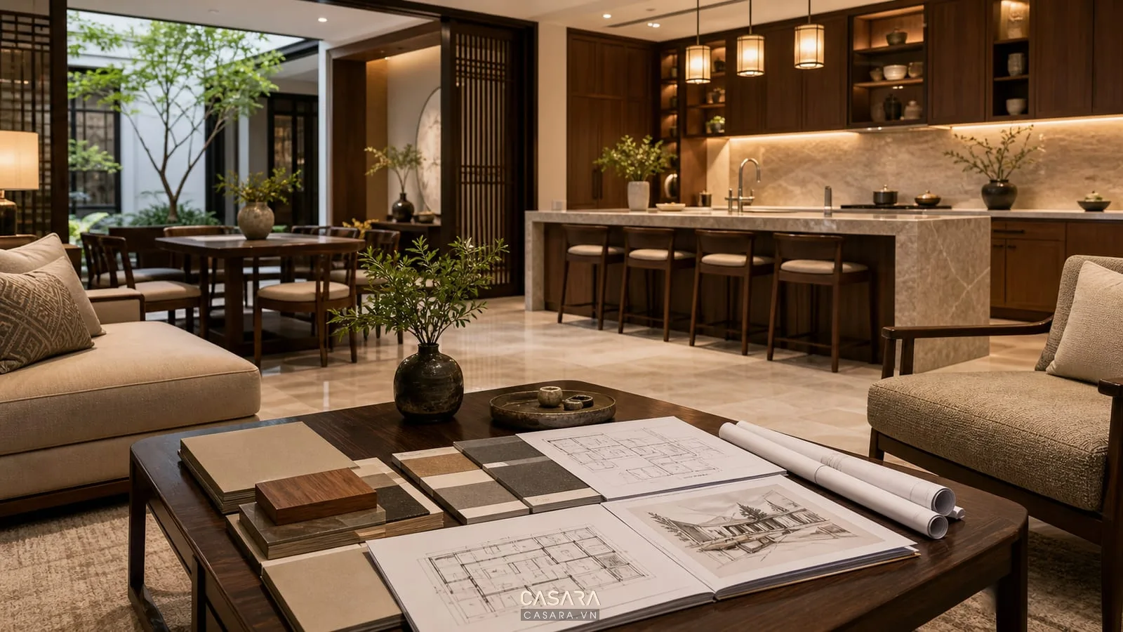 Nội thất biệt thự hoàn thiện với hồ sơ thi công đặt trên bàn trà