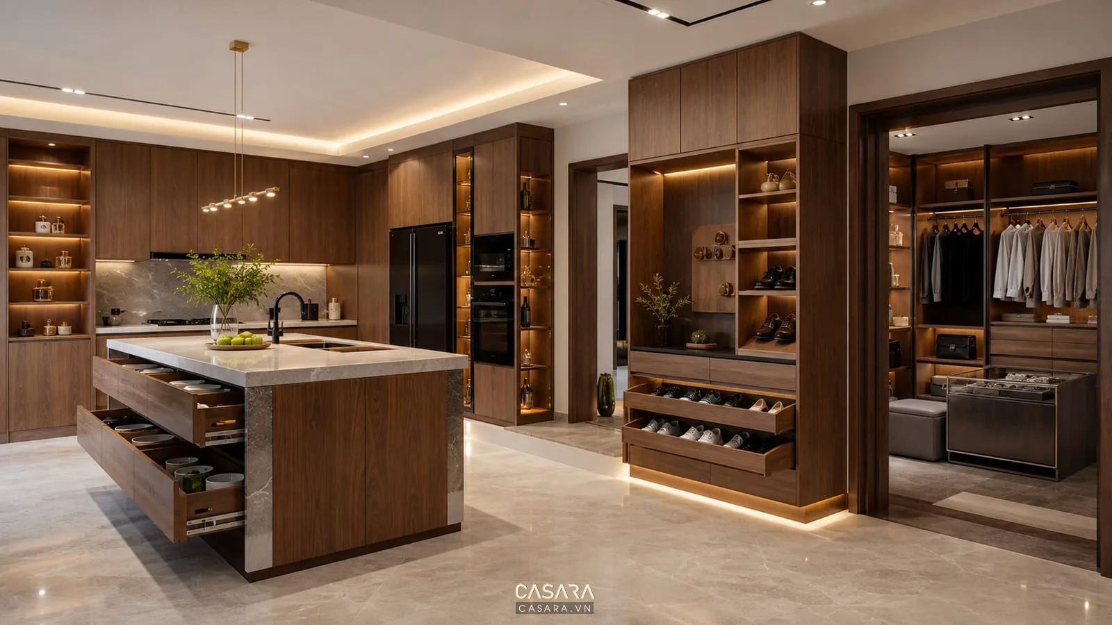 Hệ tủ lưu trữ nội thất biệt thự với tủ bếp, đảo bếp, tủ giày, phòng thay đồ, ngăn kéo và đèn tủ