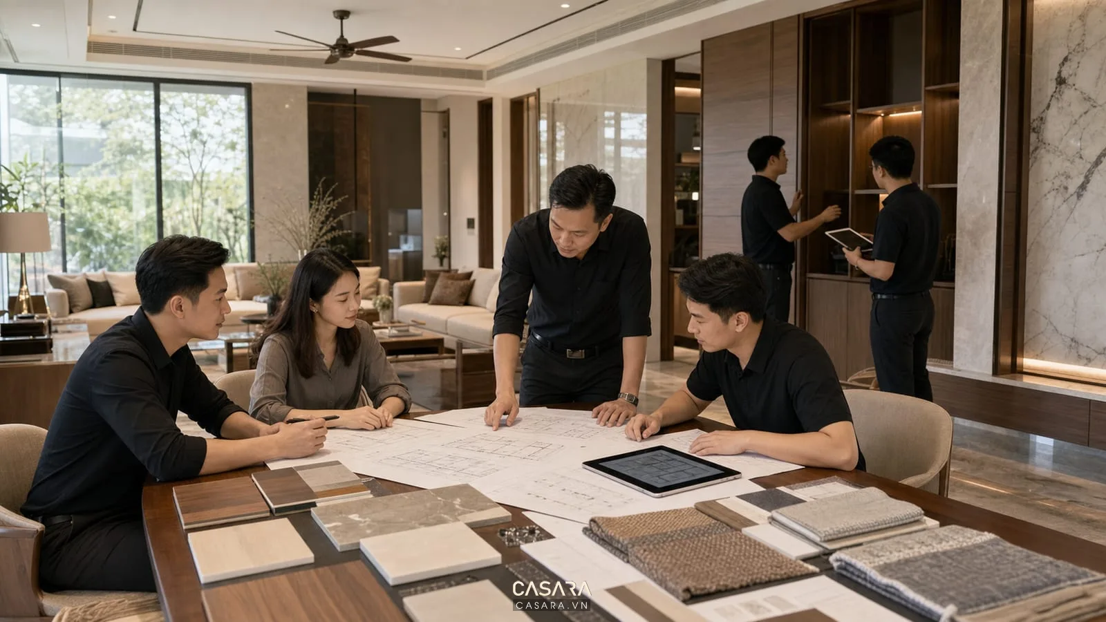 Đội ngũ thiết kế thi công nội thất biệt thự kiểm tra bản vẽ kỹ thuật, mặt bằng điện, chi tiết tủ và mẫu vật liệu