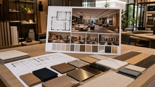 hồ sơ thiết kế showroom với bản vẽ mặt bằng phối cảnh và mẫu vật liệu nội thất