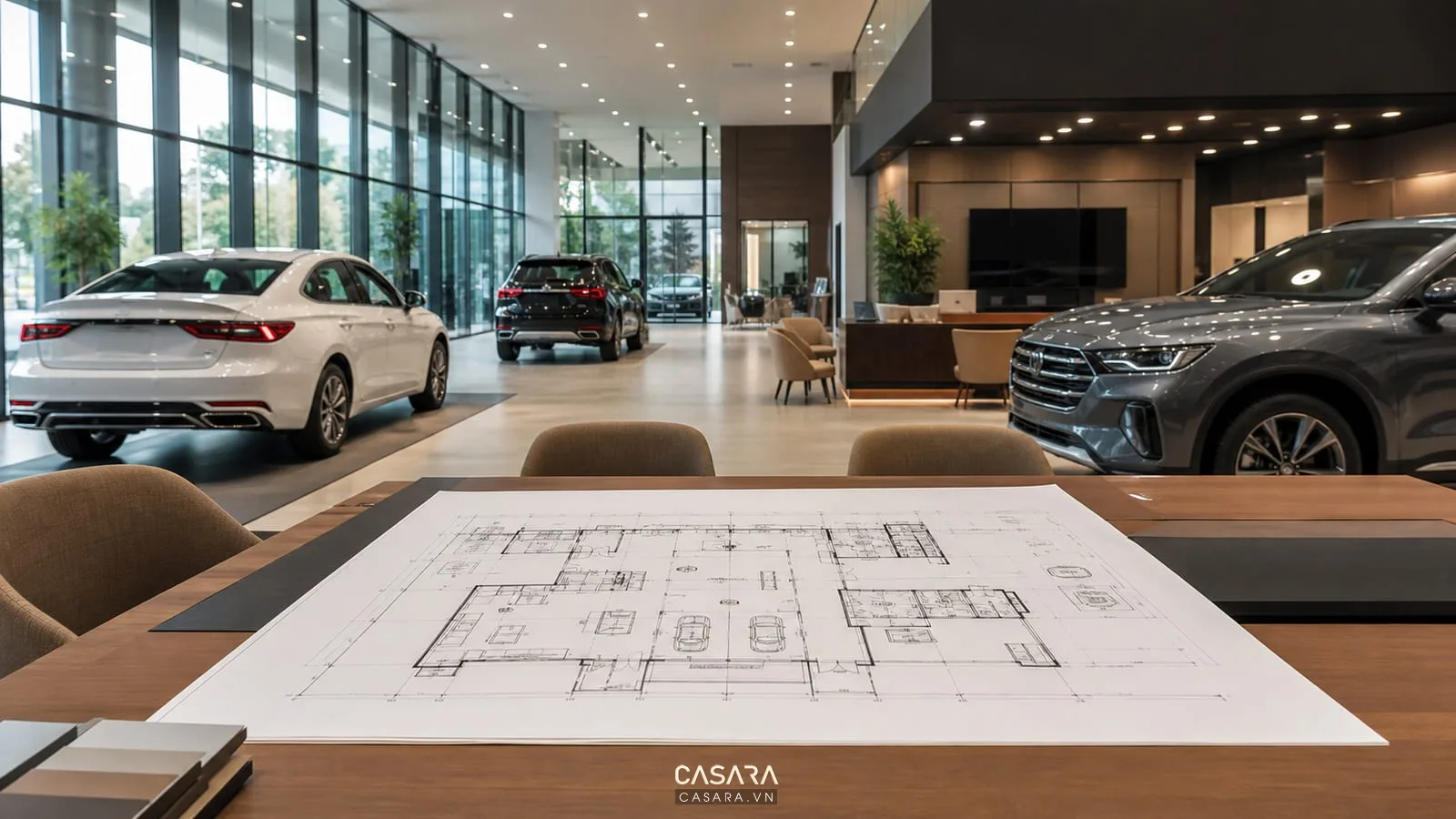 hồ sơ thiết kế showroom ô tô với mặt bằng trưng bày xe và khu tư vấn hiện đại