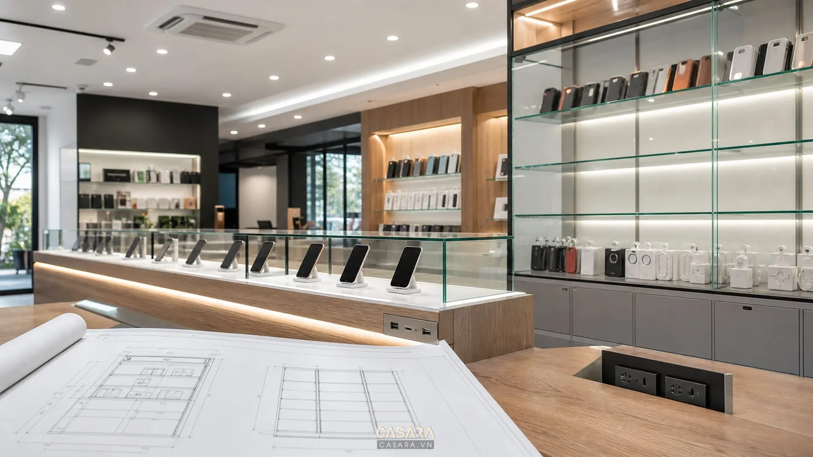 thiết kế showroom điện thoại với quầy trưng bày điện thoại và hồ sơ bản vẽ kệ kính