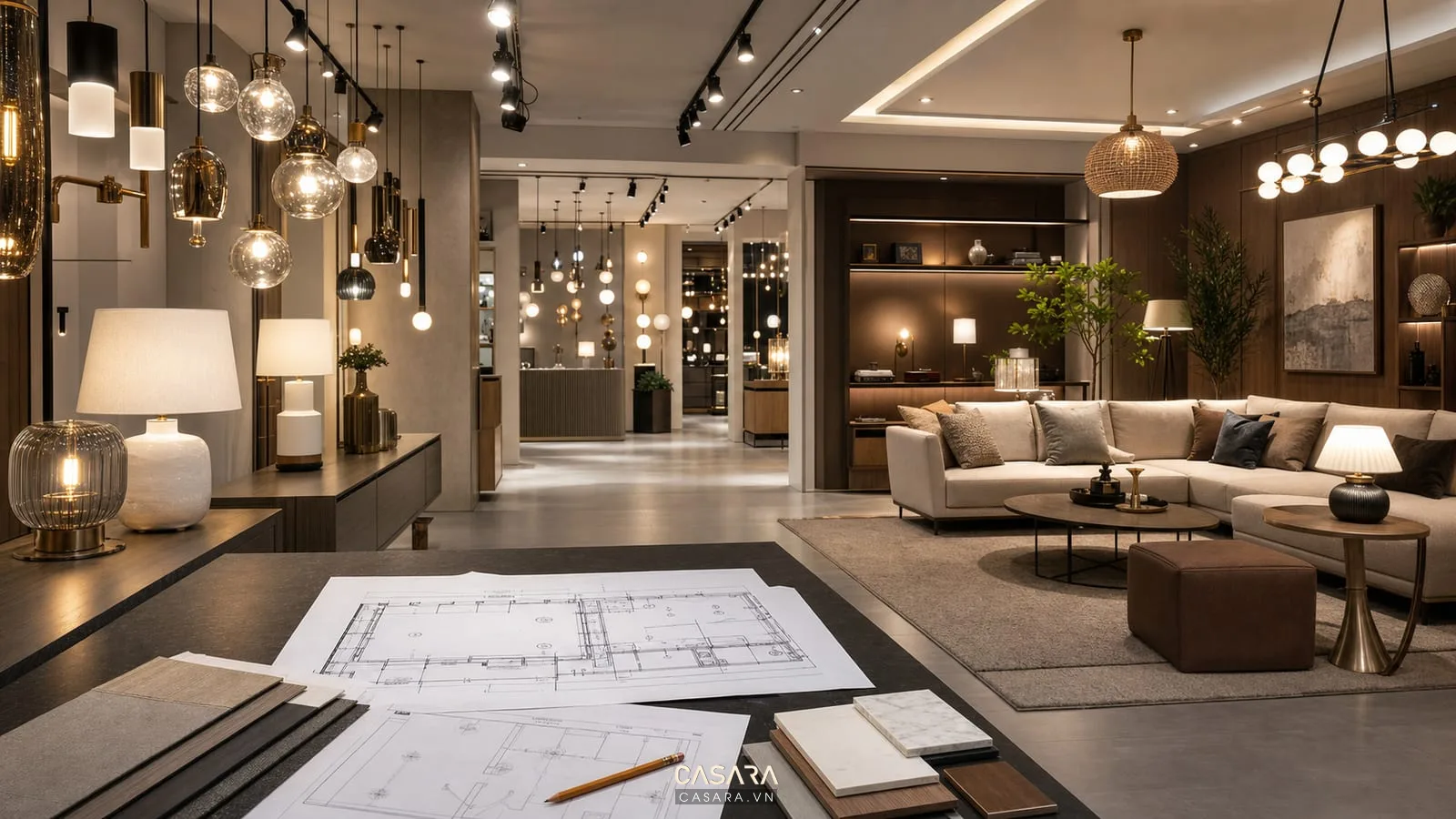 thiết kế showroom đèn với đèn thả đèn bàn đèn ray và bản vẽ sơ đồ ánh sáng