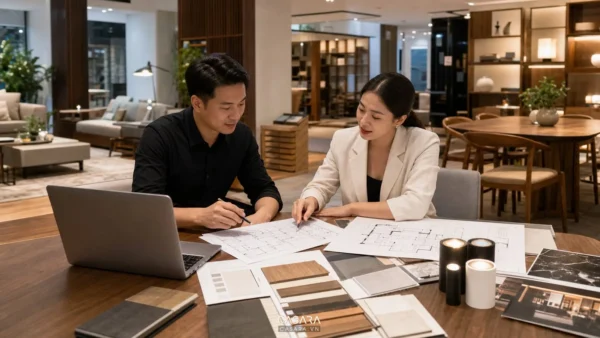 trao đổi hồ sơ thiết kế showroom với kiến trúc sư bản vẽ kỹ thuật bảng vật liệu và mẫu đèn