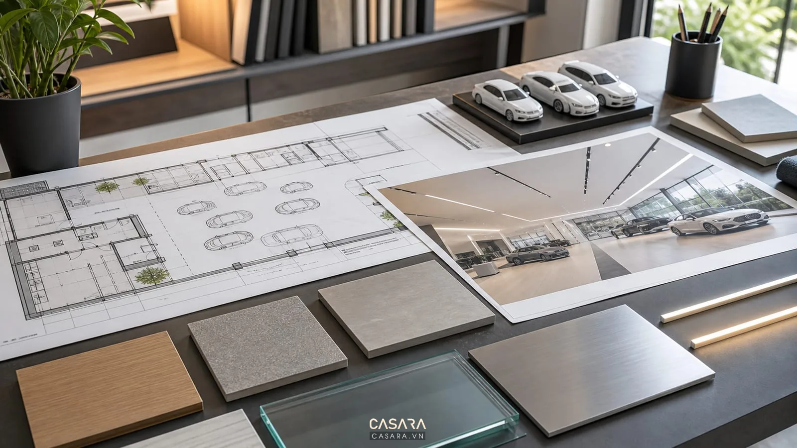 hồ sơ thiết kế showroom ô tô với bản vẽ mặt bằng trưng bày xe và phối cảnh 3D