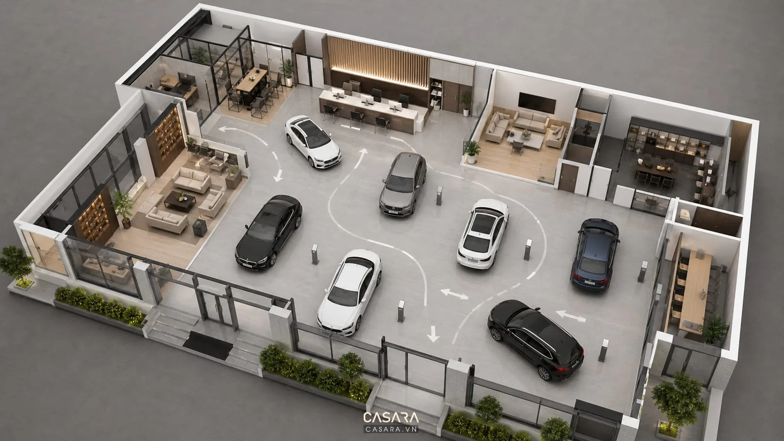 mặt bằng thiết kế showroom ô tô với xe ô tô trưng bày quầy tư vấn và khu chờ khách