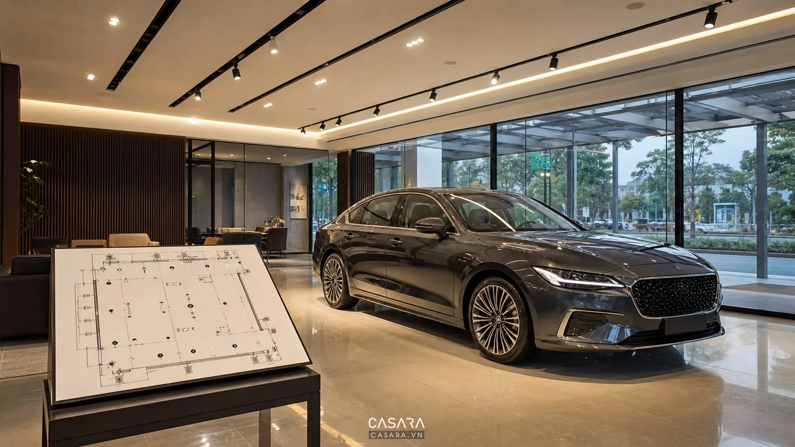 thiết kế ánh sáng showroom ô tô với xe ô tô hệ đèn trần vách kính và sơ đồ chiếu sáng