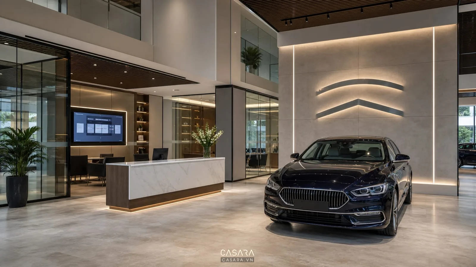 showroom ô tô hiện đại với xe ô tô vách logo thương hiệu quầy tiếp đón và màn hình tư vấn