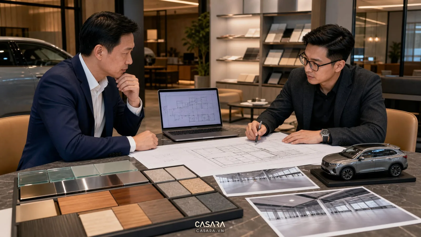 trao đổi hồ sơ thiết kế showroom ô tô với kiến trúc sư bản vẽ kỹ thuật bảng vật liệu và mô hình xe ô tô