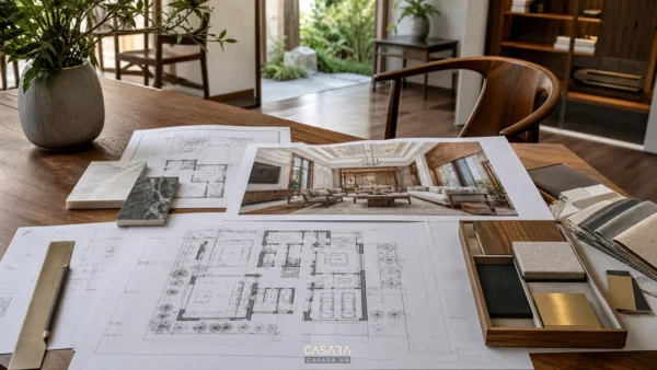 hồ sơ thiết kế thi công biệt thự gồm bản vẽ mặt bằng phối cảnh và vật liệu nội thất