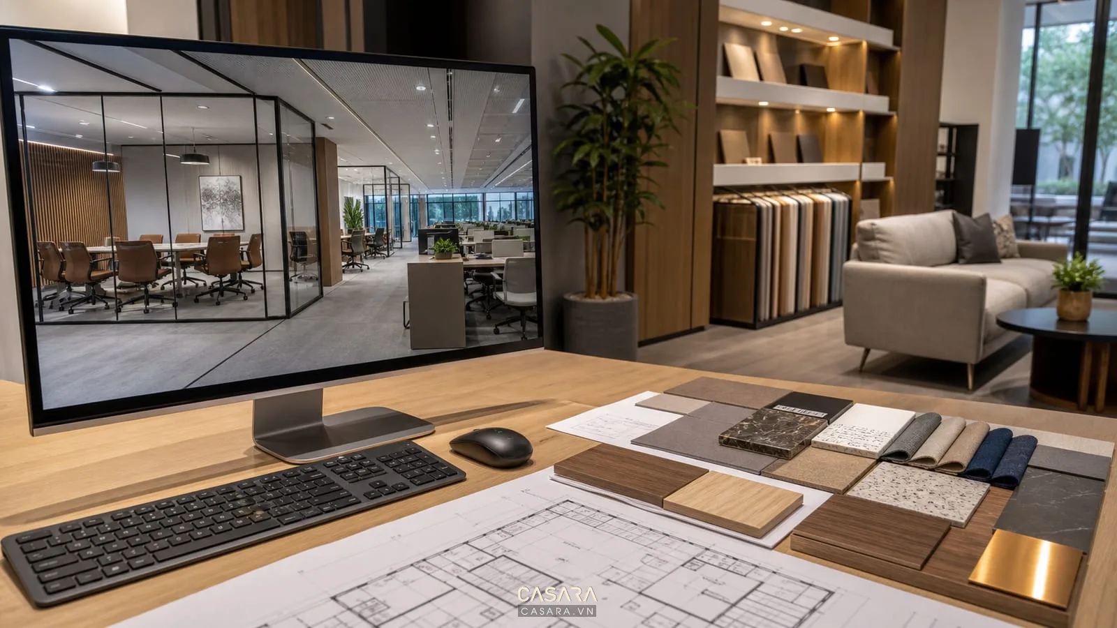 Thiết kế văn phòng 3D với phối cảnh phòng họp, khu làm việc và mẫu vật liệu