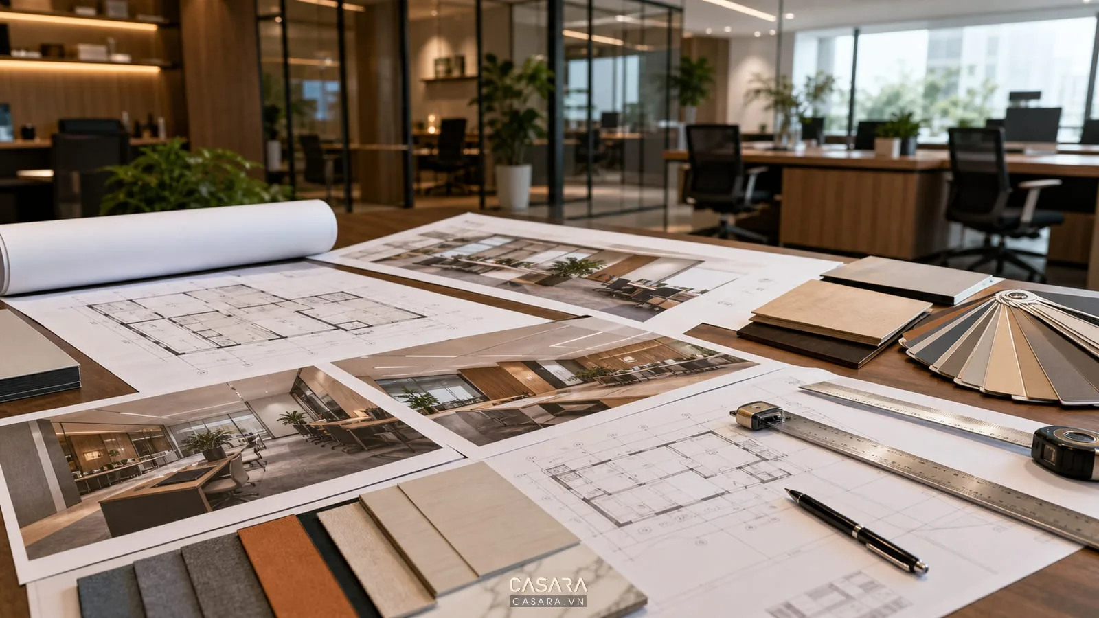 Hồ sơ thiết kế văn phòng gồm bản vẽ kỹ thuật, phối cảnh 3D và mẫu vật liệu
