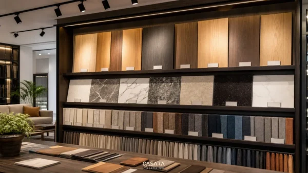 kệ showroom nội thất trưng bày mẫu vật liệu gỗ đá vải da có ánh sáng rọi