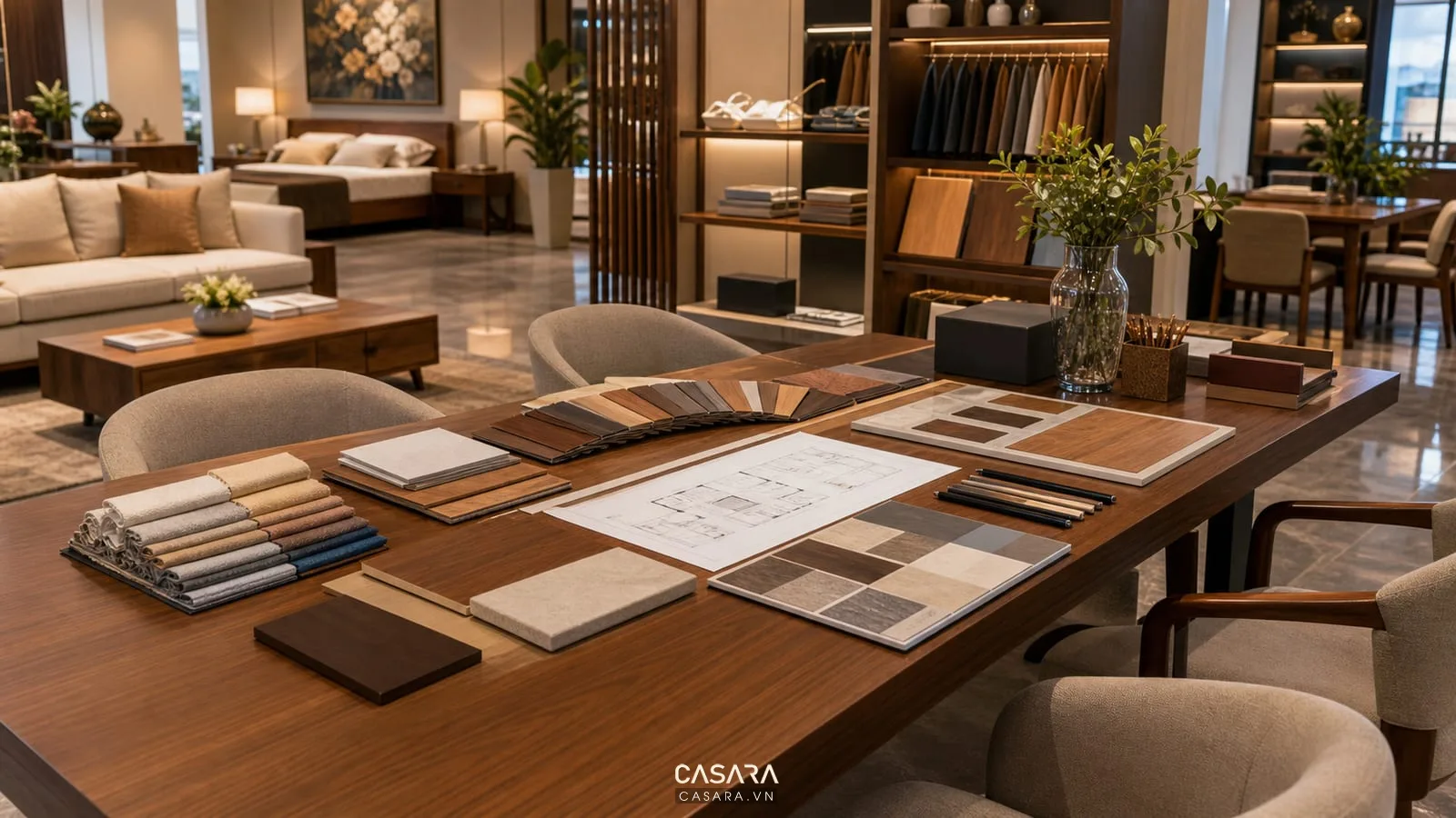 bàn tư vấn interior showroom nội thất có mẫu vật liệu bản vẽ mặt bằng và ghế khách