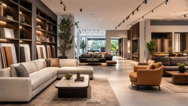 Kệ showroom nội thất hiện đại trưng bày sofa, bàn trà và mẫu vật liệu với lối đi rộng và ánh sáng ấm.