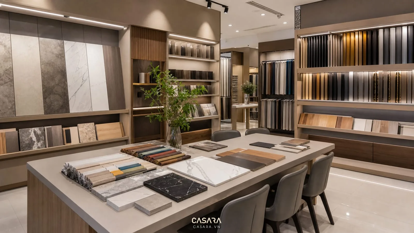 Kệ showroom vật liệu nội thất trưng bày mẫu gỗ, đá, vải và kim loại với đèn chiếu điểm và bàn tư vấn.