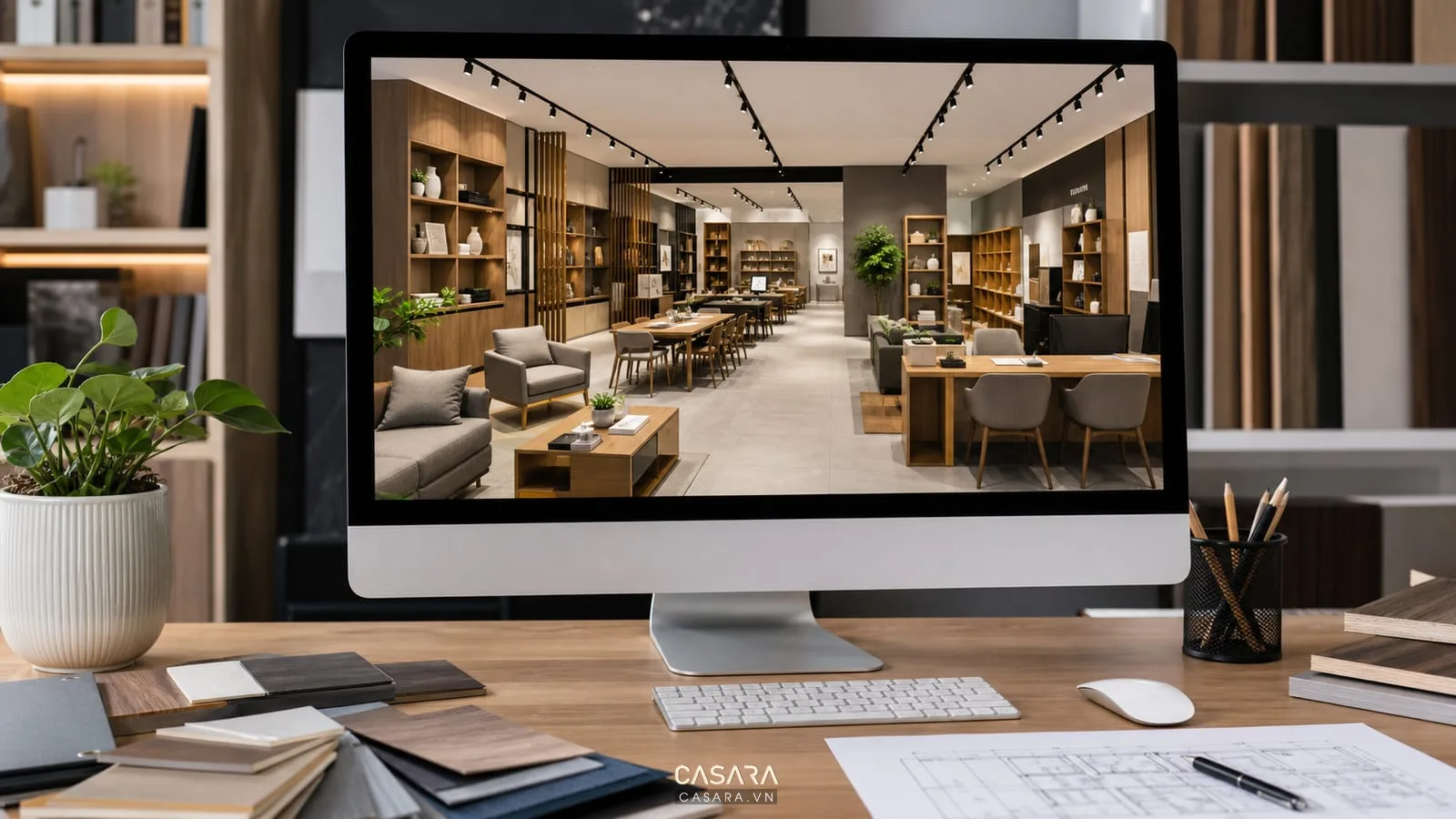Thiết kế showroom 3d trên màn hình máy tính với kệ showroom nội thất, lối đi, đèn ray và bàn tư vấn.
