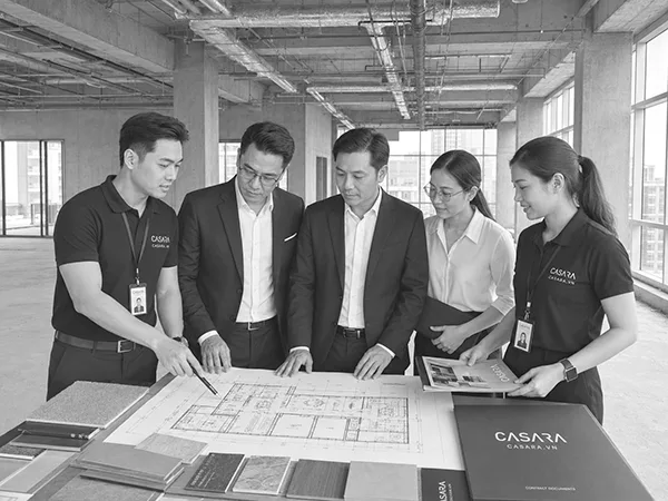 chủ đầu tư xem bản vẽ thiết kế chung cư mini, mẫu gỗ, mẫu vải, bảng màu và phối cảnh nội thất trên bàn
