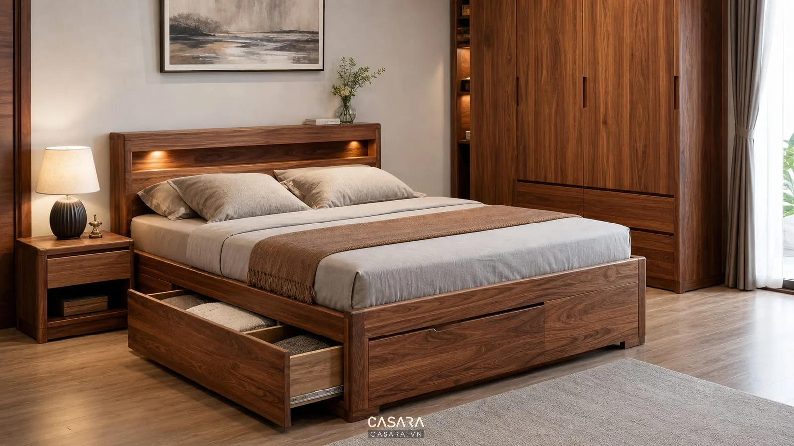 Giường thông minh bằng gỗ với hộc lưu trữ và tủ áo đồng bộ
