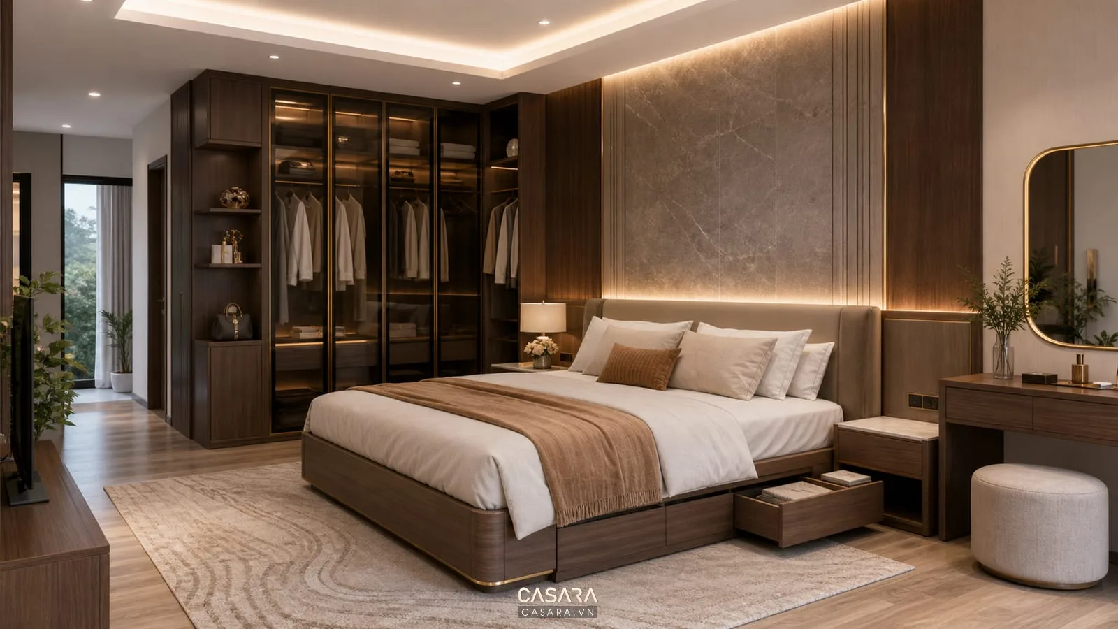 Giường thông minh đồng bộ tủ áo và vách đầu giường phòng ngủ master