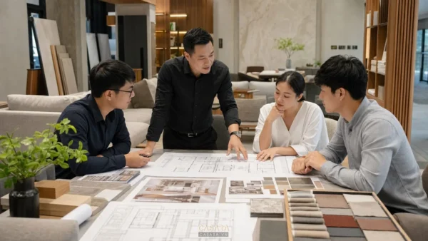 Tư vấn mặt bằng thiết kế showroom với bản vẽ nội thất, mẫu vật liệu và moodboard