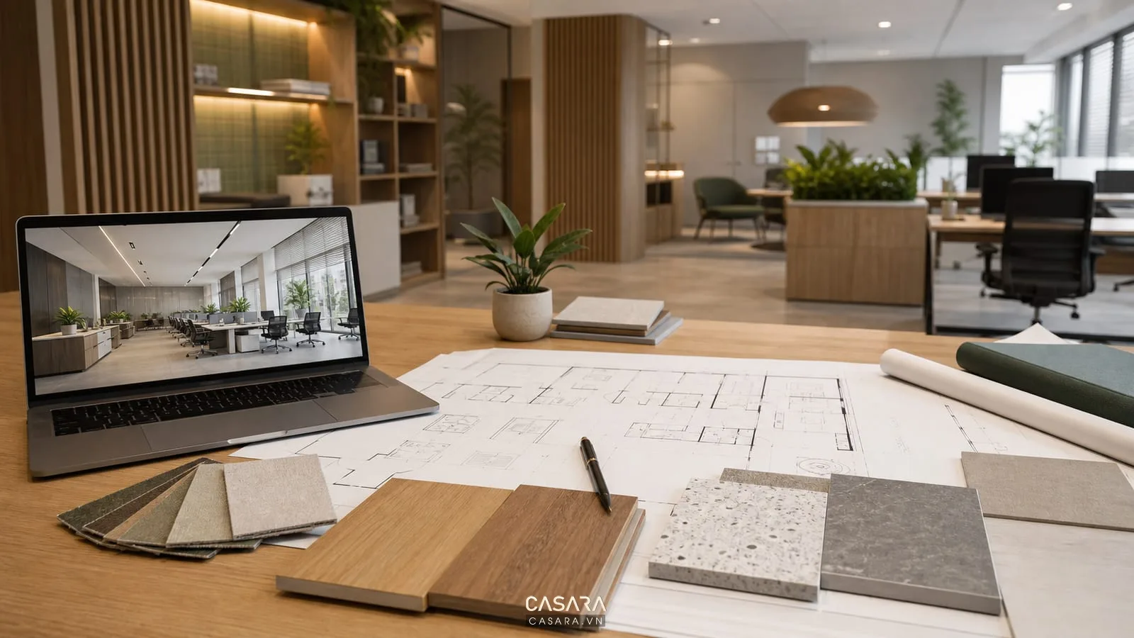 đơn vị thiết kế văn phòng tư vấn mặt bằng với bản vẽ và mẫu vật liệu nội thất