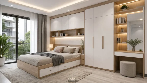 Giường ngủ liền tủ áo với kệ mở, ngăn kéo dưới giường và bàn trang điểm nhỏ