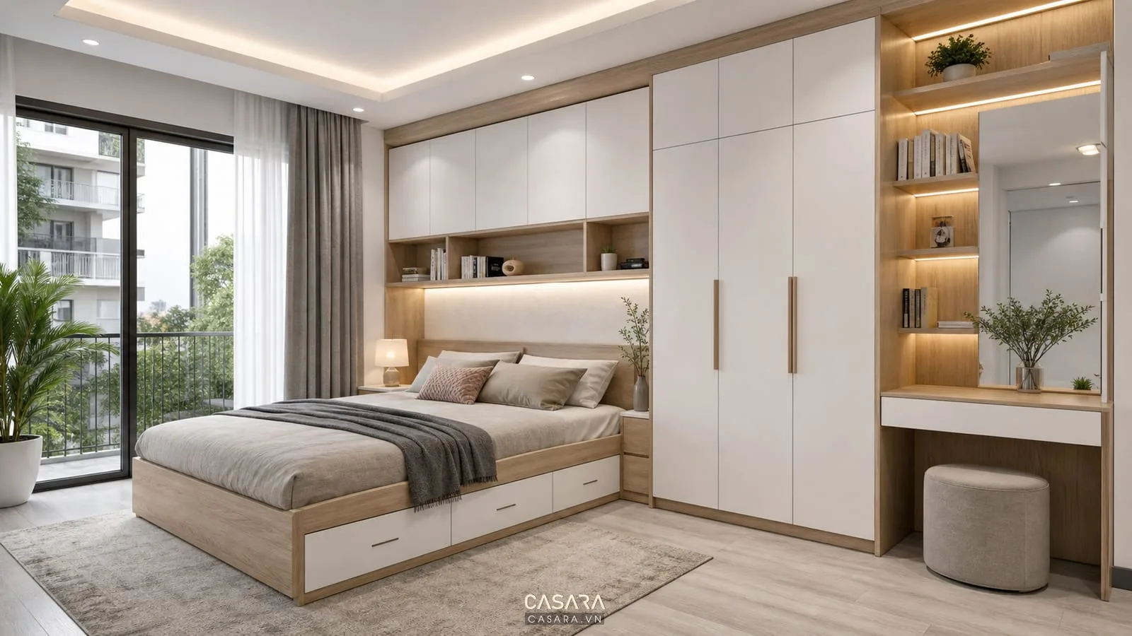 mẫu giường thông minh liền tủ áo có đầu giường kệ mở ngăn kéo kín bàn trang điểm nhỏ và vật liệu gỗ sáng
